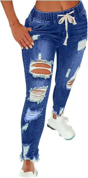 Women's Skinny Ripped Tapered Jeans Mid Rise Distressed Stretchy Denim Pants Slim Tummy Control Denim Leggings with Pockets