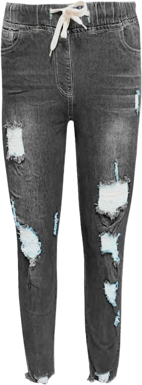 Women's Skinny Ripped Tapered Jeans Mid Rise Distressed Stretchy Denim Pants Slim Tummy Control Denim Leggings with Pockets