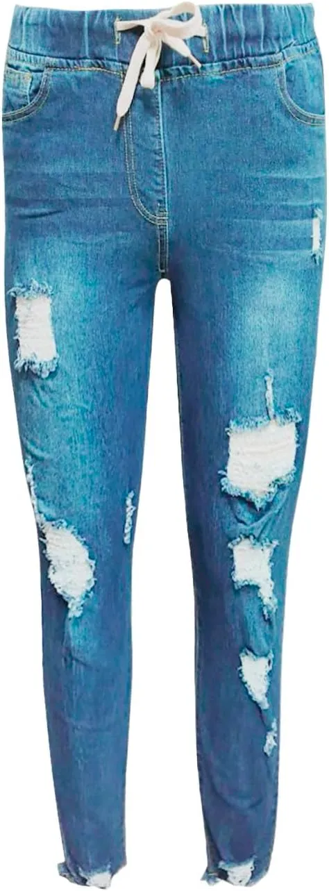 Women's Skinny Ripped Tapered Jeans Mid Rise Distressed Stretchy Denim Pants Slim Tummy Control Denim Leggings with Pockets