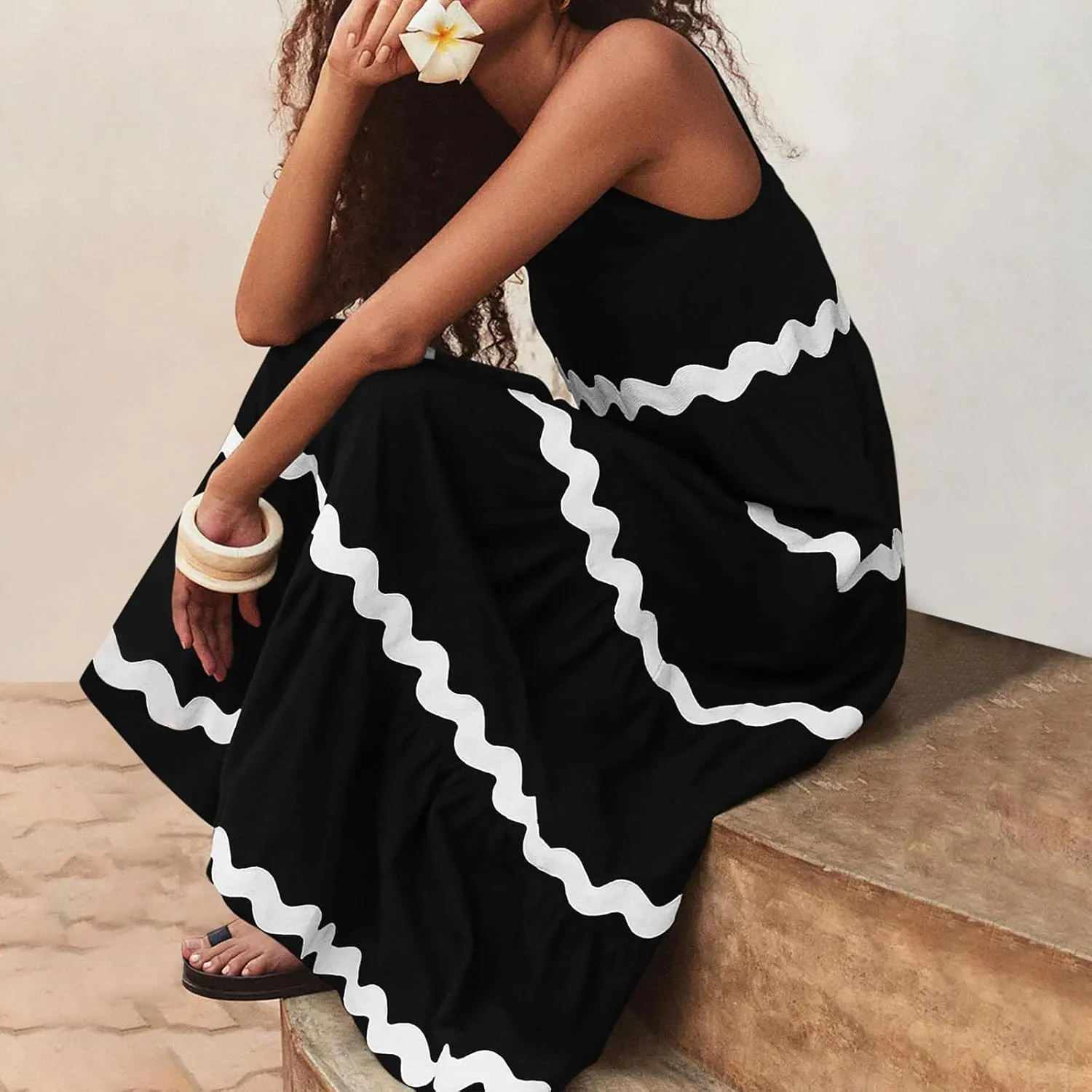 Womens Spaghetti Strap Sleeveless Rickrack Trim Dress Summer Casual Comfy A-Line Maxi Dress Vocation Flowy Long Dress