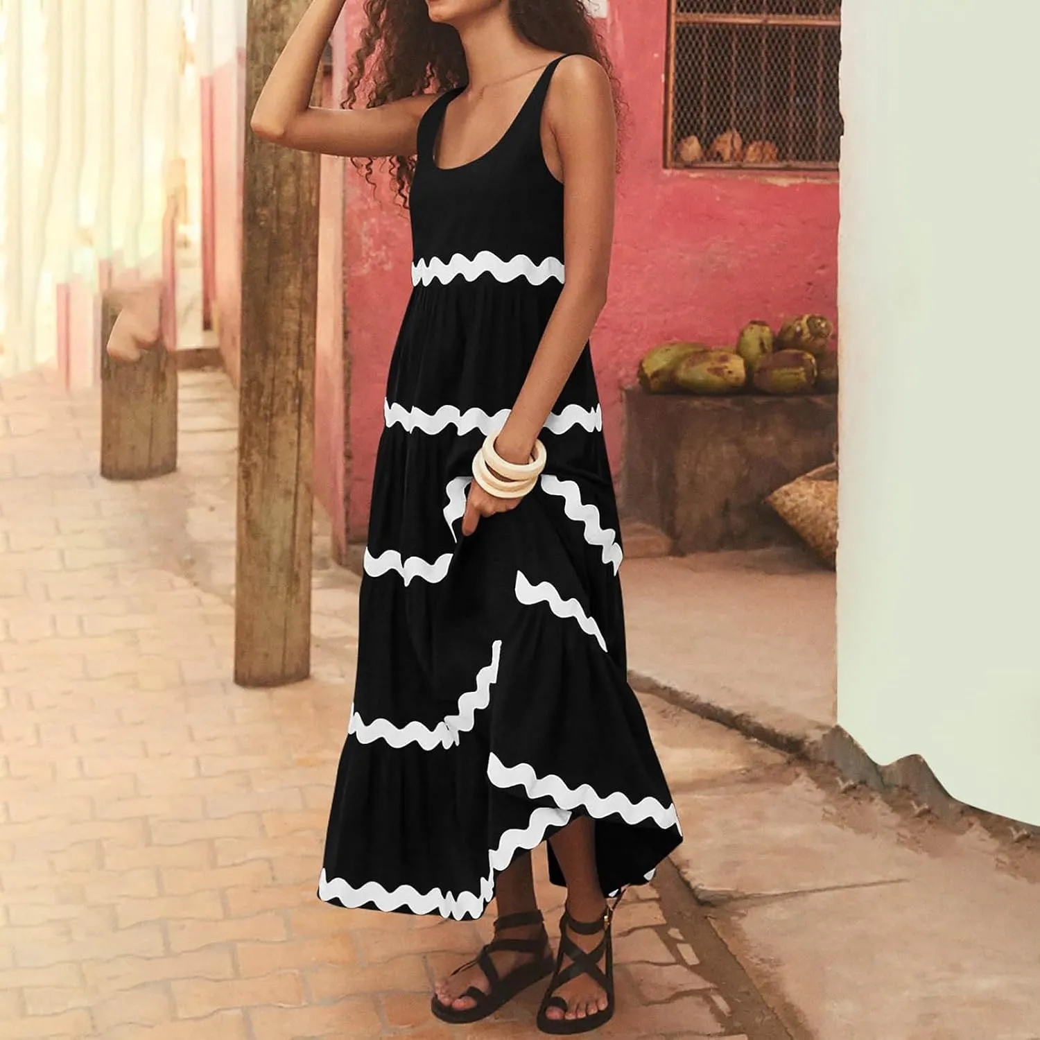 Womens Spaghetti Strap Sleeveless Rickrack Trim Dress Summer Casual Comfy A-Line Maxi Dress Vocation Flowy Long Dress