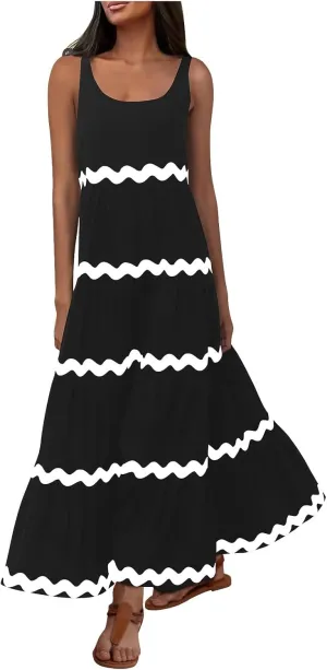 Womens Spaghetti Strap Sleeveless Rickrack Trim Dress Summer Casual Comfy A-Line Maxi Dress Vocation Flowy Long Dress