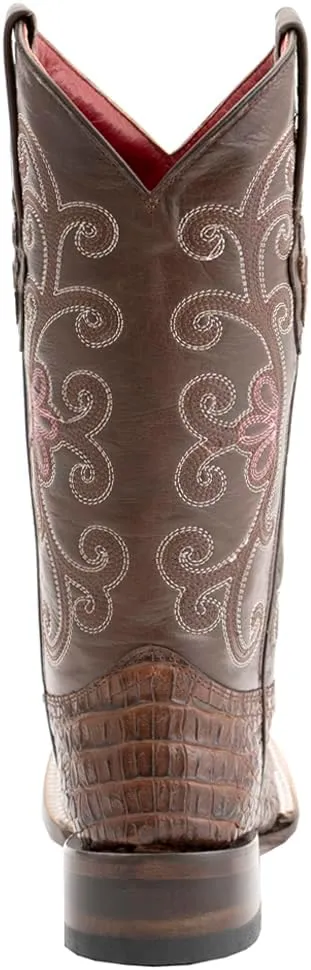 Womens Stampede Crocodile Embroidered Square Toe Dress Boots Mid Calf Low Heel 1-2" - Black