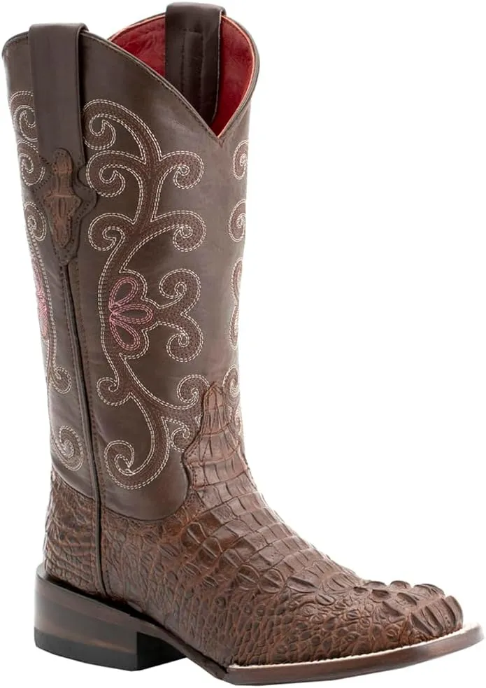 Womens Stampede Crocodile Embroidered Square Toe Dress Boots Mid Calf Low Heel 1-2" - Black