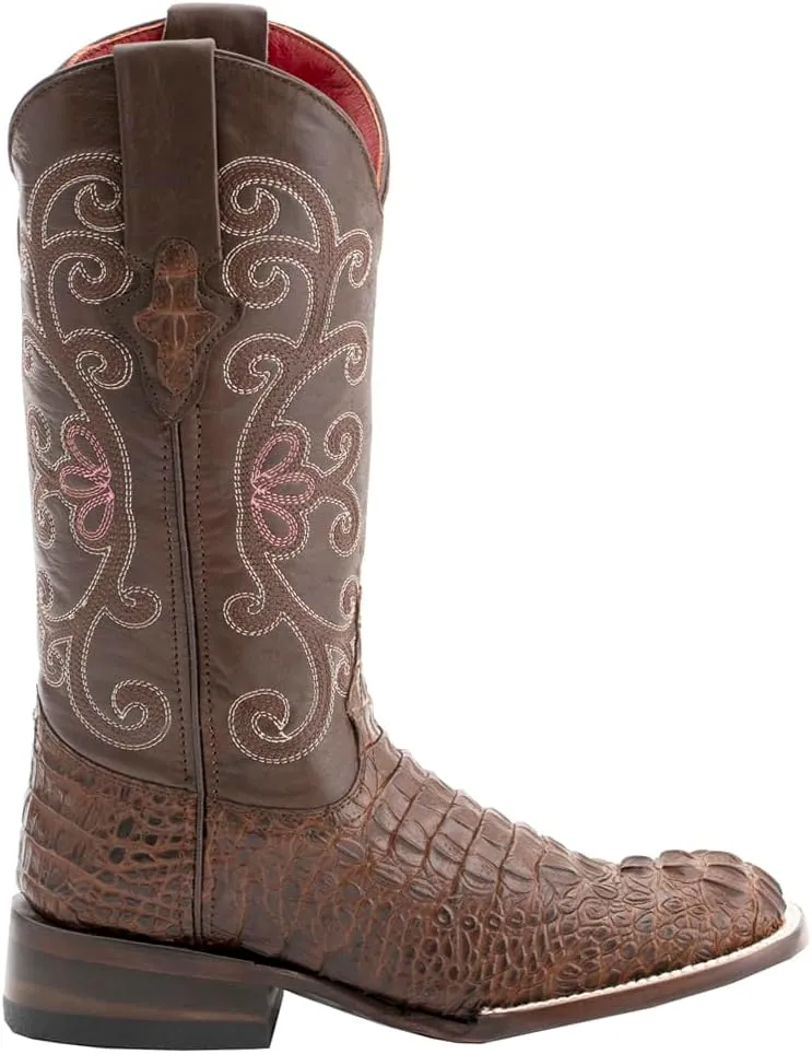 Womens Stampede Crocodile Embroidered Square Toe Dress Boots Mid Calf Low Heel 1-2" - Black