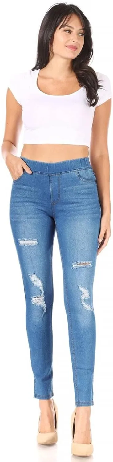 Women's Stretch Pull-On Jeans Skinny Ripped Distressed Denim Jeggings Regular-Plus Size