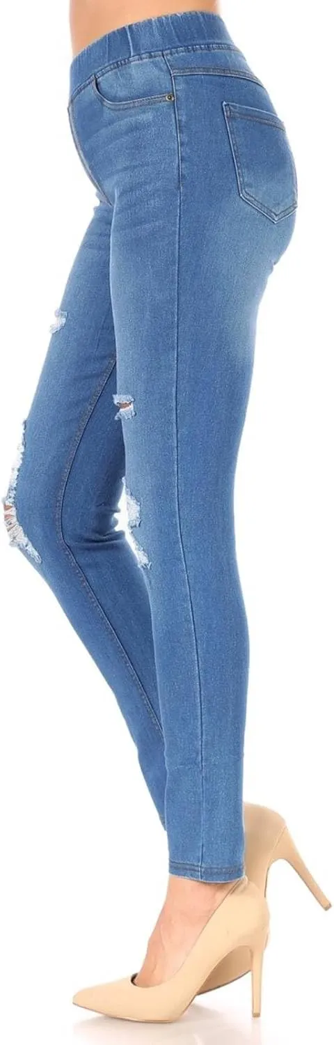Women's Stretch Pull-On Jeans Skinny Ripped Distressed Denim Jeggings Regular-Plus Size