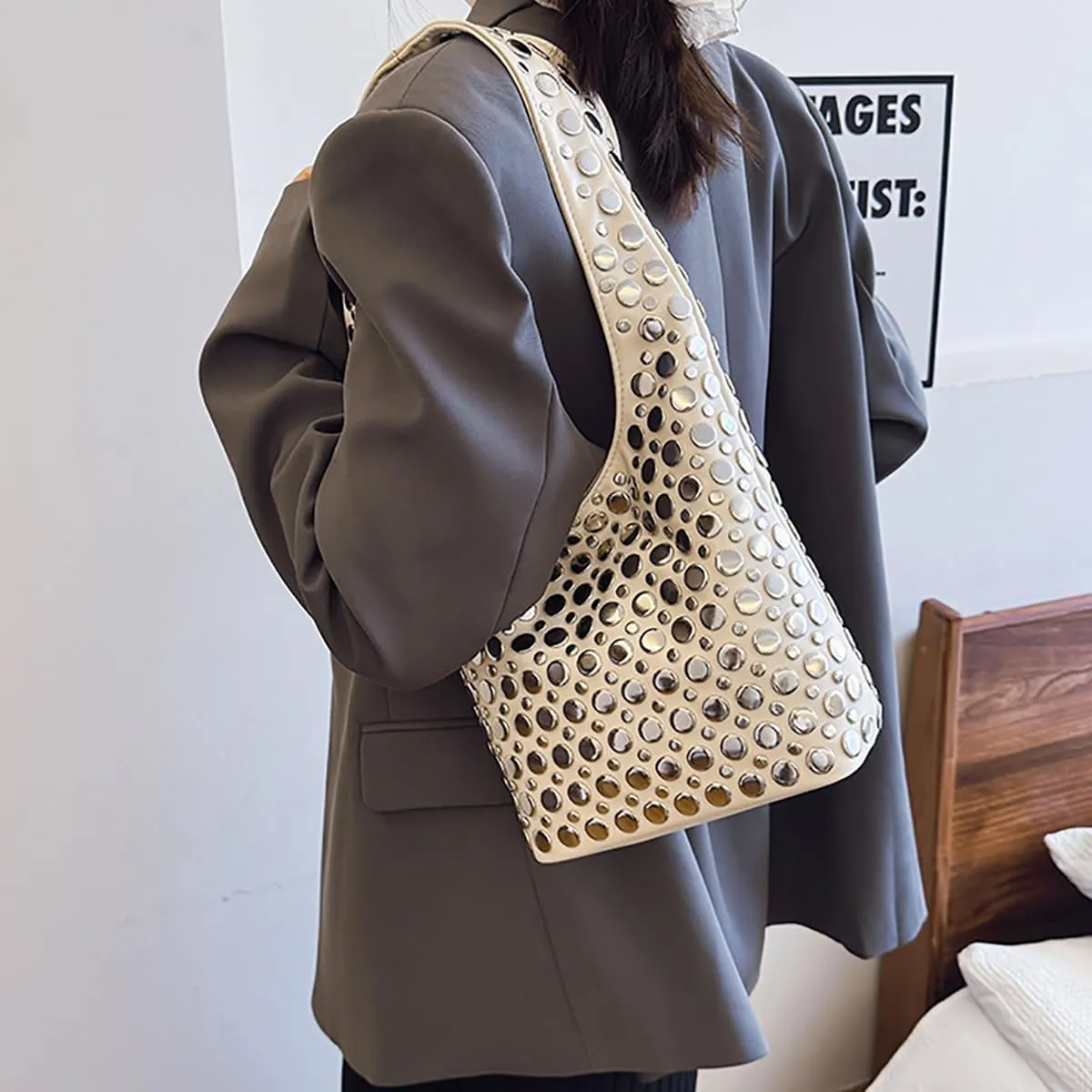 Women's Studded Y2k Hobo Bag 90s Punk Crescent Shoulder Purse Soft PU Leather Tote Handbag