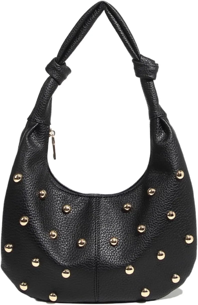 Women's Studded Y2k Shoulder Bag Gold Studs Pebble Grain Faux Leather Hobo Handbags Daily Life Purses