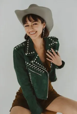 Women's Suede Studded Leather Jacket In Green