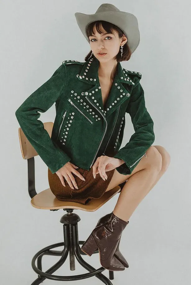 Women's Suede Studded Leather Jacket In Green