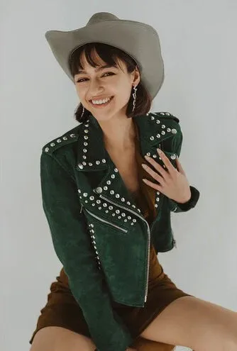 Women's Suede Studded Leather Jacket In Green