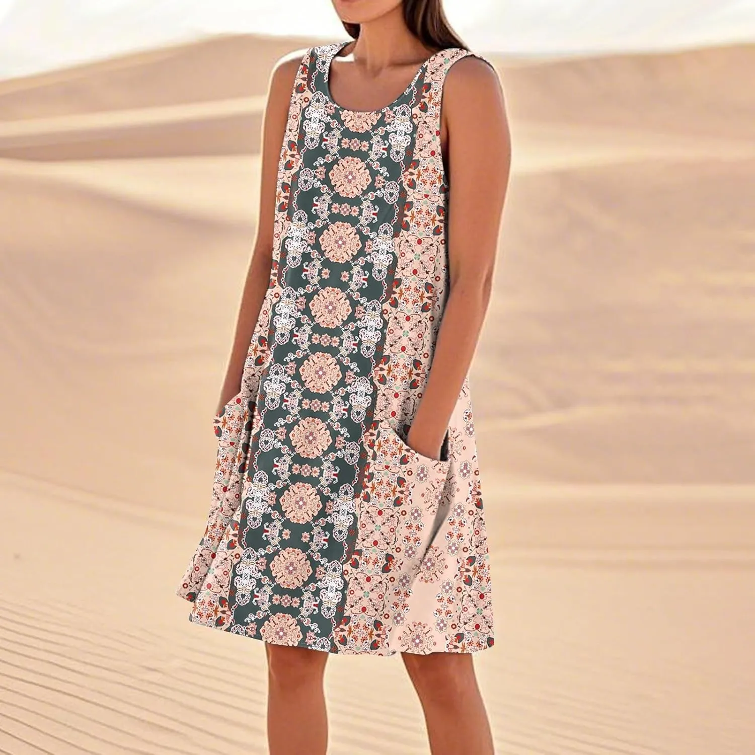 Women's Summer Cotton Linen Midi Dress Sleeveless Boho Beach Tank Dresses Plus Size Loose Comfy Dress with Pocket