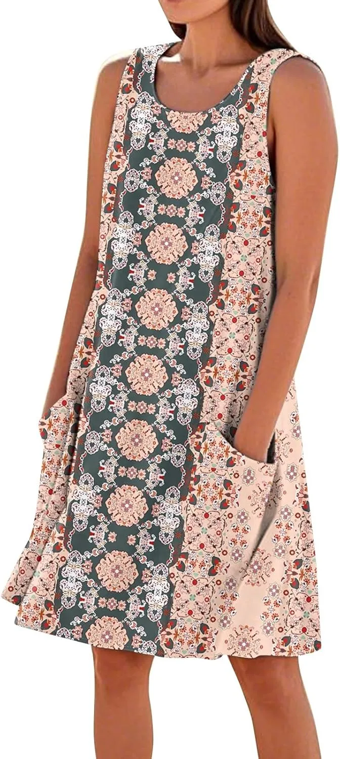 Women's Summer Cotton Linen Midi Dress Sleeveless Boho Beach Tank Dresses Plus Size Loose Comfy Dress with Pocket