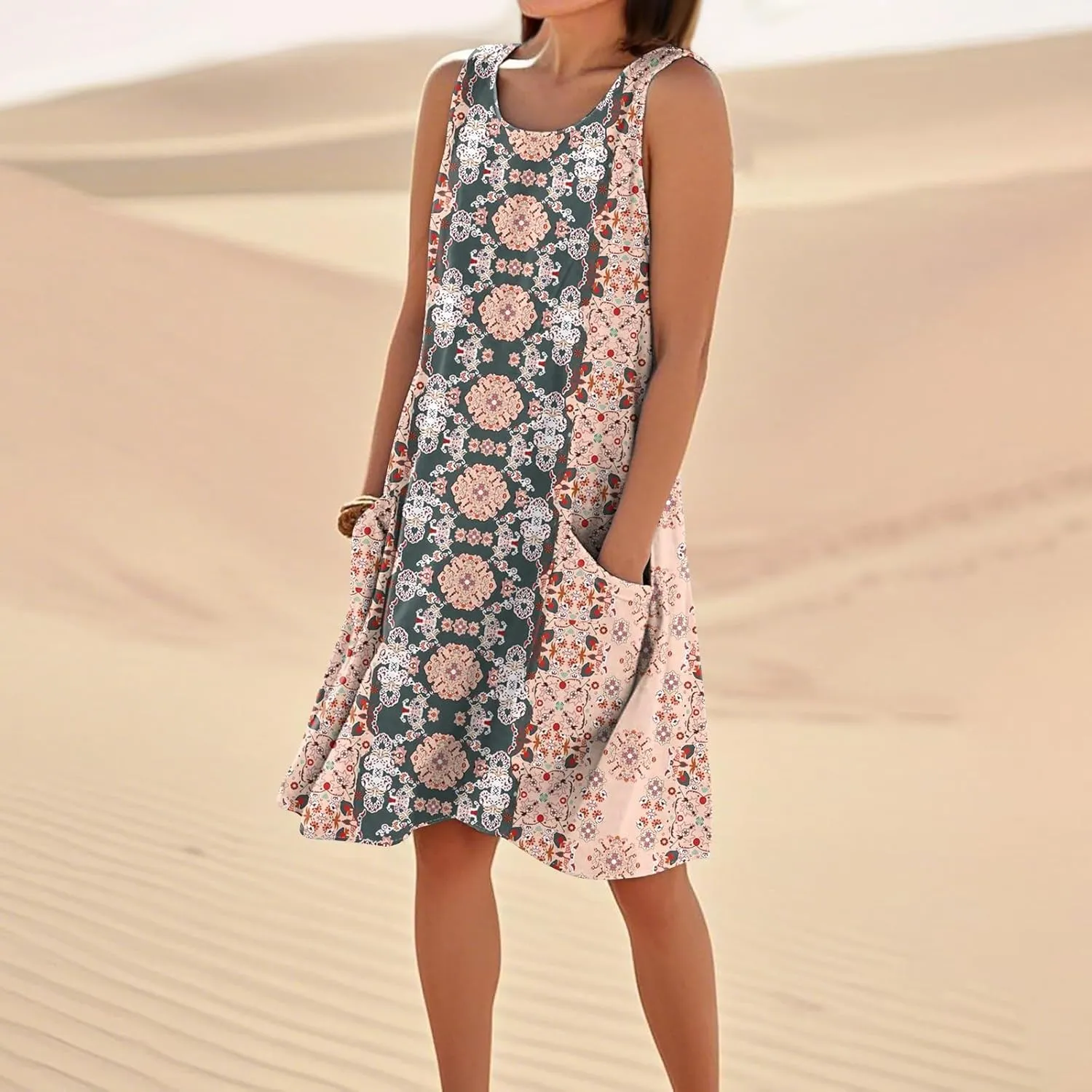 Women's Summer Cotton Linen Midi Dress Sleeveless Boho Beach Tank Dresses Plus Size Loose Comfy Dress with Pocket