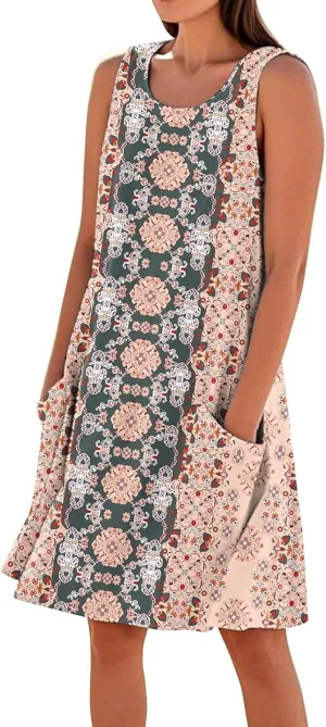 Women's Summer Cotton Linen Midi Dress Sleeveless Boho Beach Tank Dresses Plus Size Loose Comfy Dress with Pocket