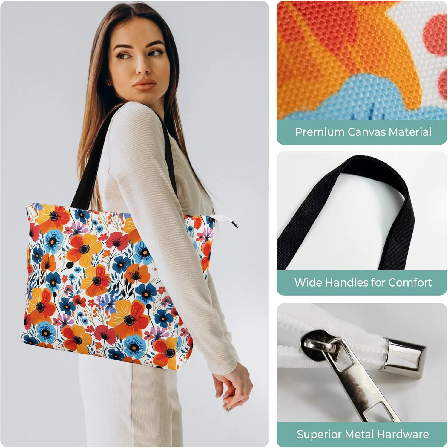 Women's Tote Bag with Zipper, Thick Canvas, Vibrant Print, Wide Strap - Reusable Shopping Bag for Work & Daily