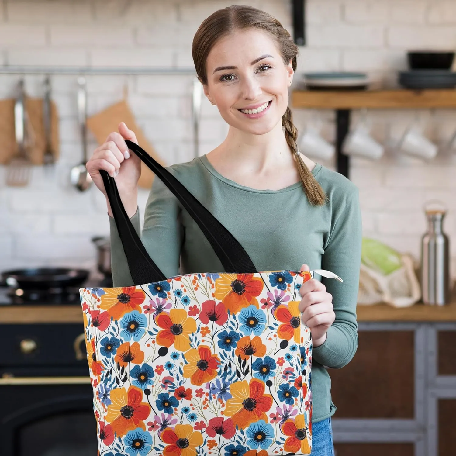 Women's Tote Bag with Zipper, Thick Canvas, Vibrant Print, Wide Strap - Reusable Shopping Bag for Work & Daily