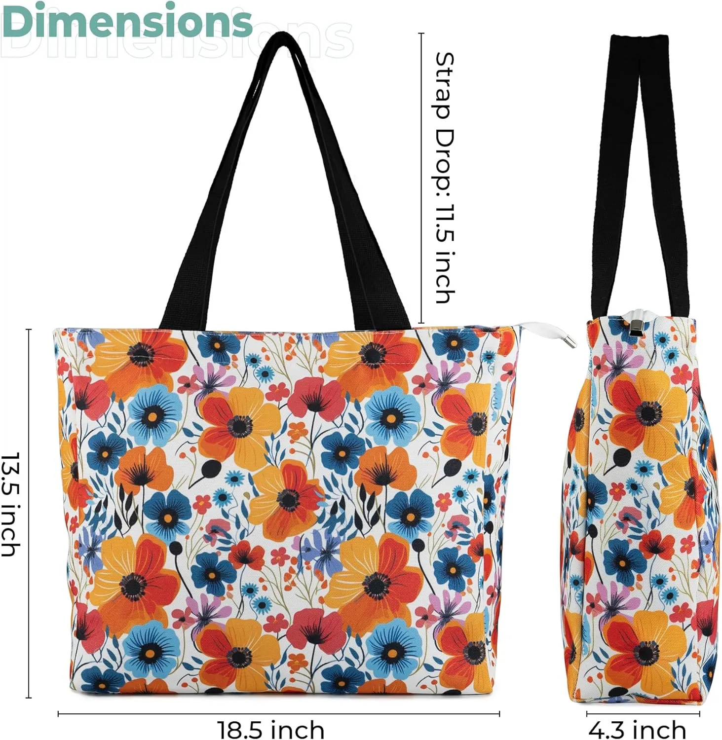 Women's Tote Bag with Zipper, Thick Canvas, Vibrant Print, Wide Strap - Reusable Shopping Bag for Work & Daily