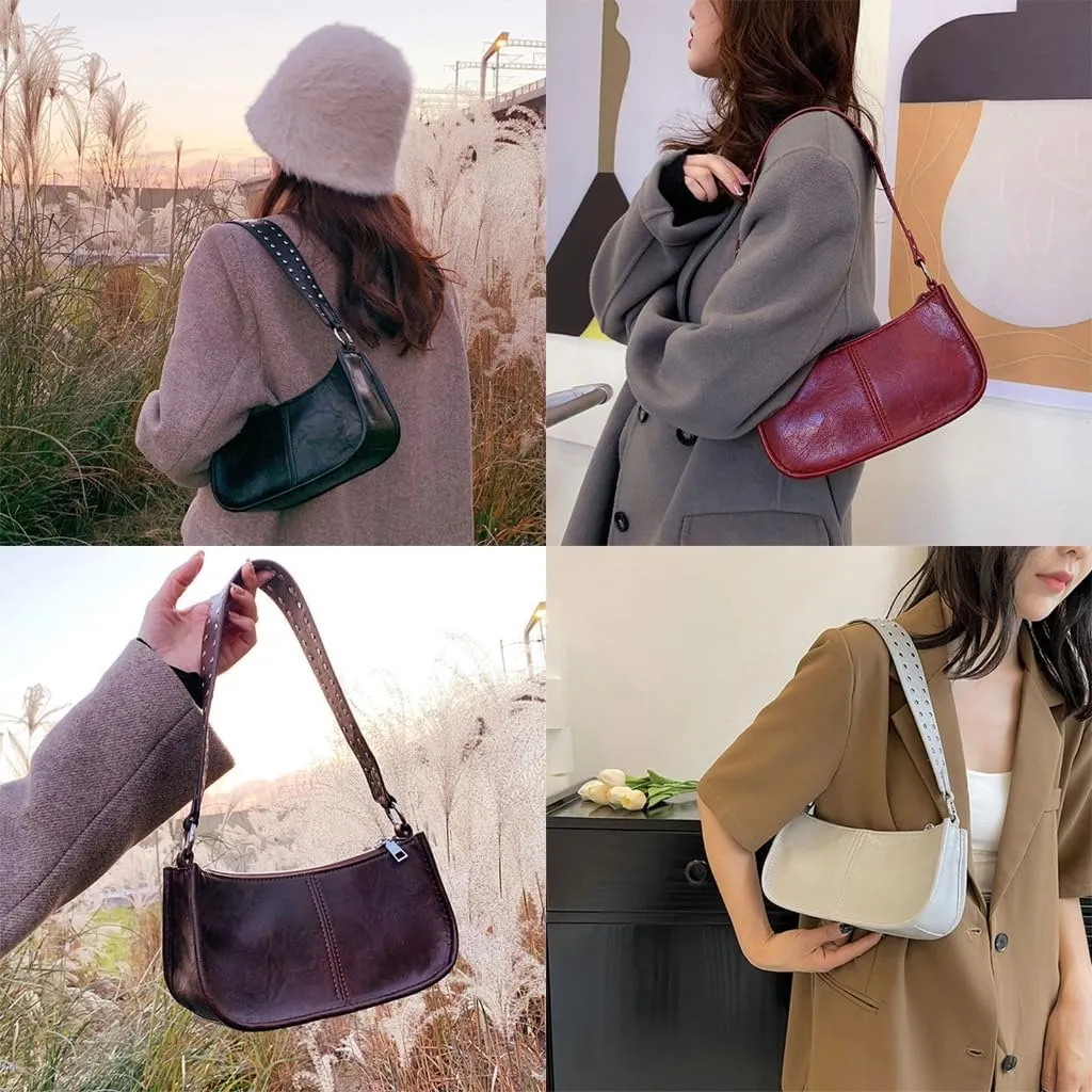 Women's Trendy Rivets Studded Wide Strap Shoulder Bag PU Leather 90s Styles Handbag Small Crossbody Purse Underarm Bag