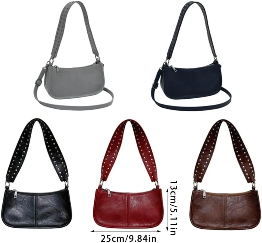 Women's Trendy Rivets Studded Wide Strap Shoulder Bag PU Leather 90s Styles Handbag Small Crossbody Purse Underarm Bag