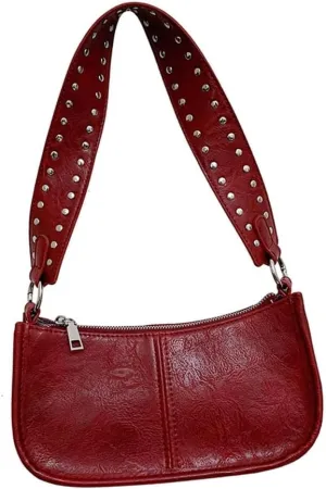 Women's Trendy Rivets Studded Wide Strap Shoulder Bag PU Leather 90s Styles Handbag Small Crossbody Purse Underarm Bag