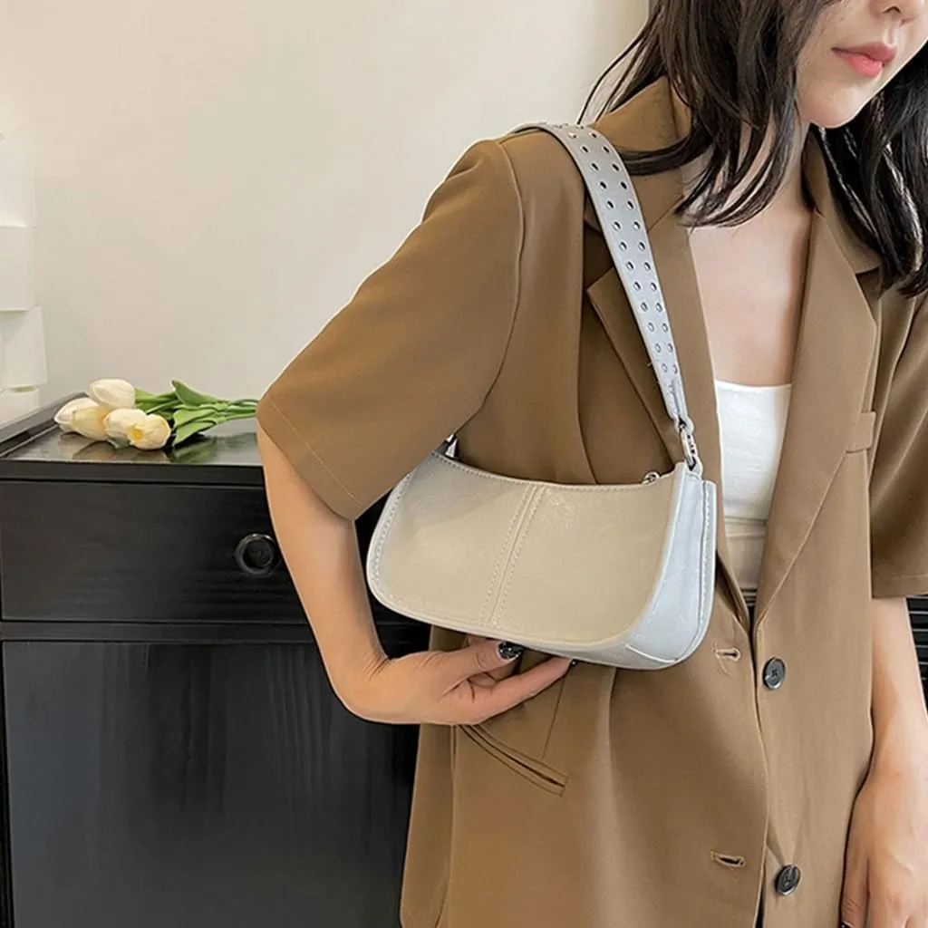 Women's Trendy Rivets Studded Wide Strap Shoulder Bag PU Leather 90s Styles Handbag Small Crossbody Purse Underarm Bag