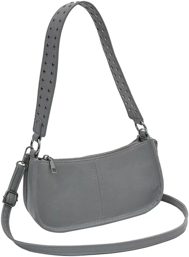 Women's Trendy Rivets Studded Wide Strap Shoulder Bag PU Leather 90s Styles Handbag Small Crossbody Purse Underarm Bag