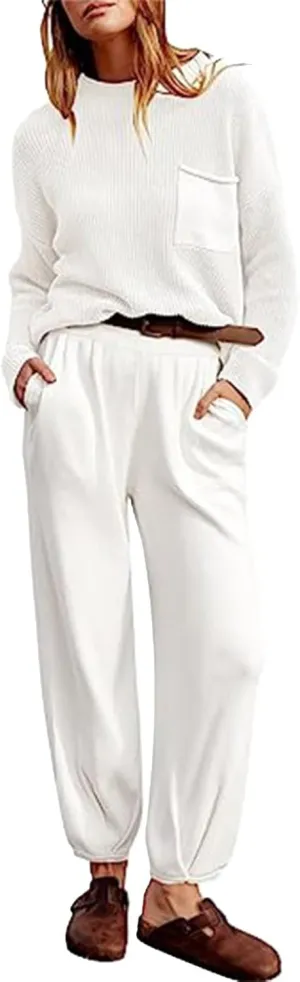 Women's Trendy Sweatsuits Chest Pocket Knit Long Sleeve Pullover Sweater and Jogger Pants Sets Casual Two Piece Lounge Outfit