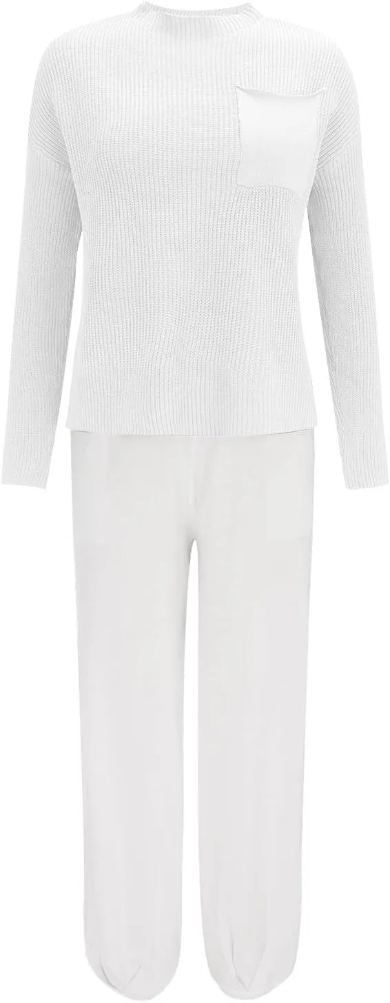 Women's Trendy Sweatsuits Chest Pocket Knit Long Sleeve Pullover Sweater and Jogger Pants Sets Casual Two Piece Lounge Outfit