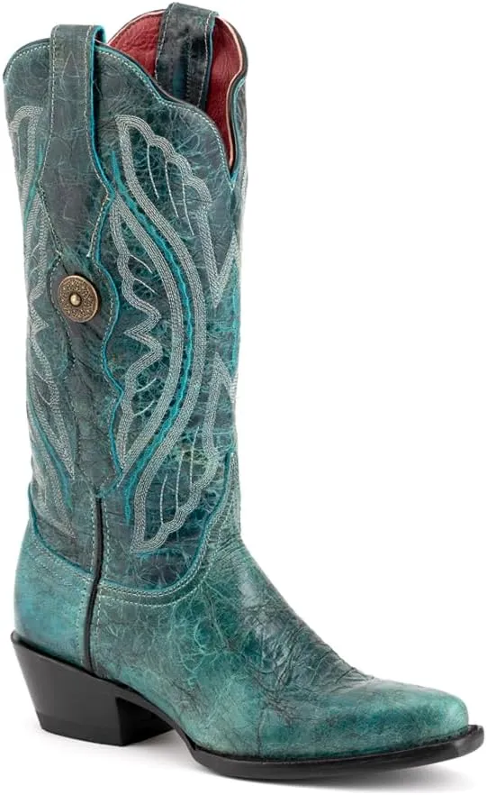 Womens Twilight Embroidered Snip Toe Casual Boots Mid Calf Low Heel 1-2" - Blue
