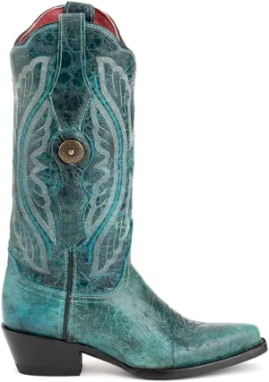 Womens Twilight Embroidered Snip Toe Casual Boots Mid Calf Low Heel 1-2" - Blue