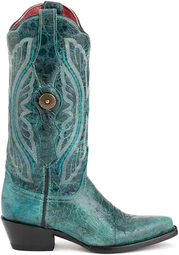 Womens Twilight Embroidered Snip Toe Casual Boots Mid Calf Low Heel 1-2" - Blue