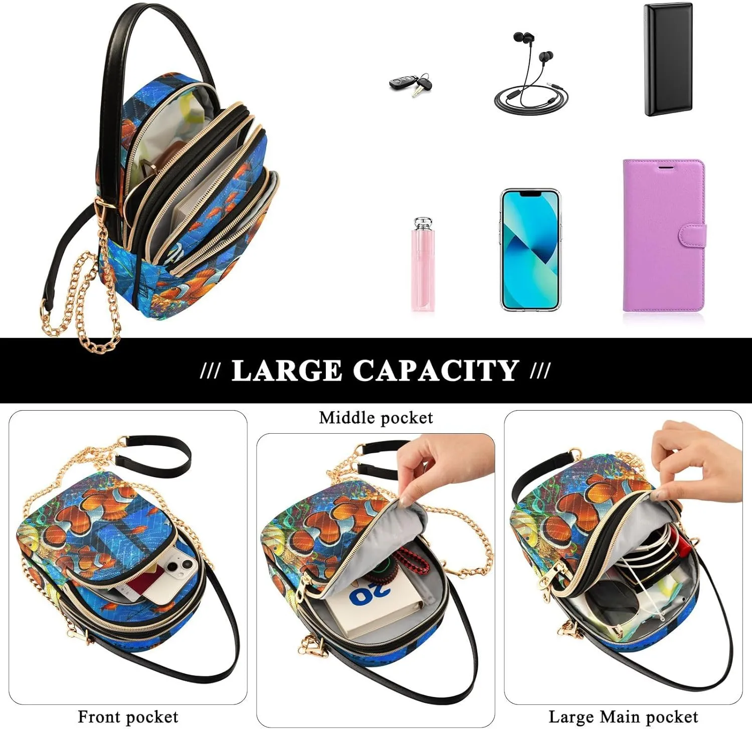 Women's Wave Cross Body Chest Bag, 52 inch Gold Chain Shoulder Handbag Purse