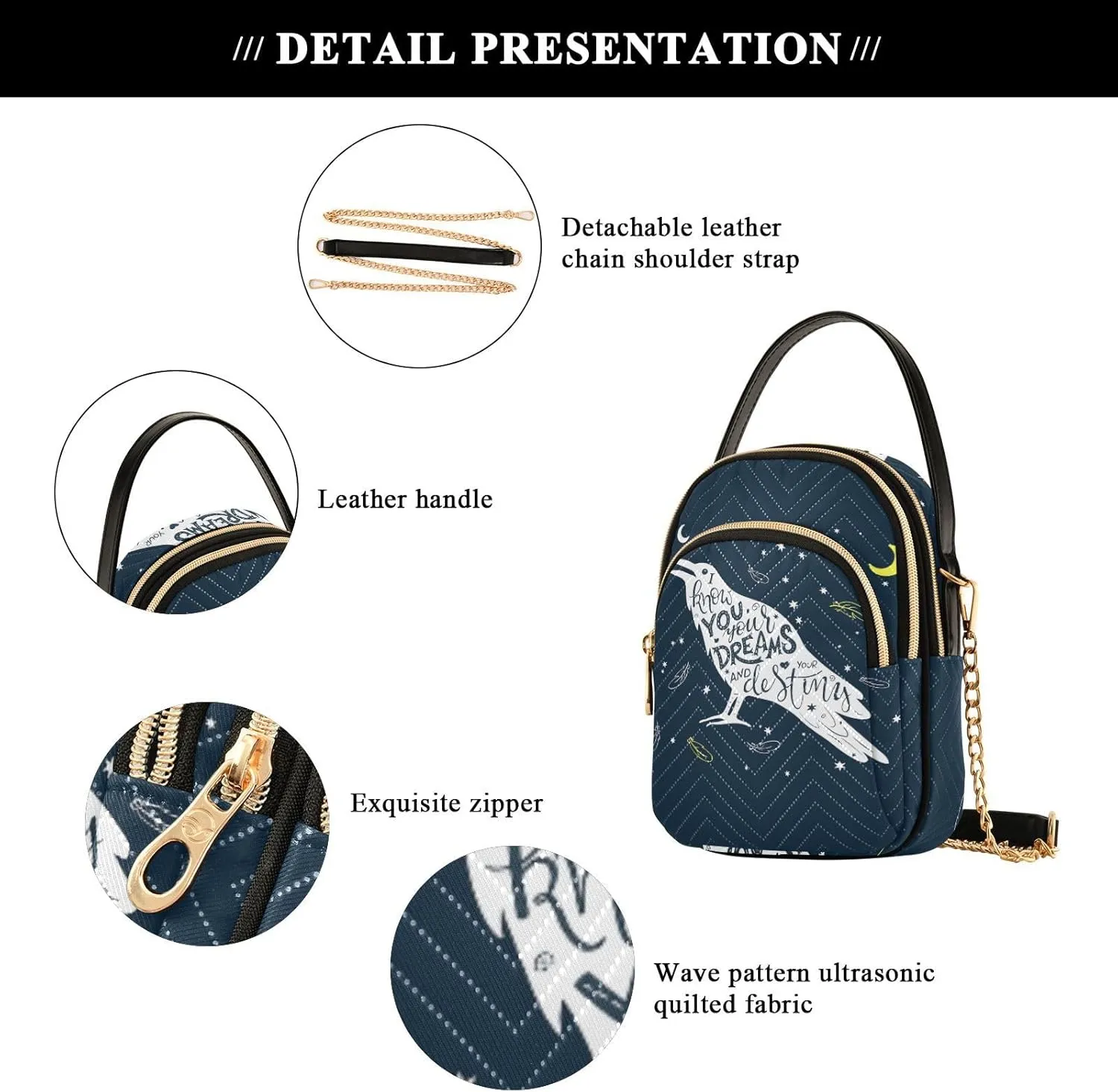 Women's Wave Cross Body Chest Bag, 52 inch Gold Chain Shoulder Handbag Purse