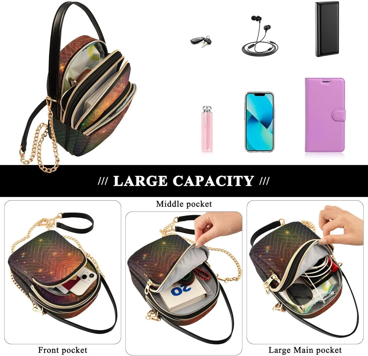 Women's Wave Cross Body Chest Bag, 52 inch Gold Chain Shoulder Handbag Purse