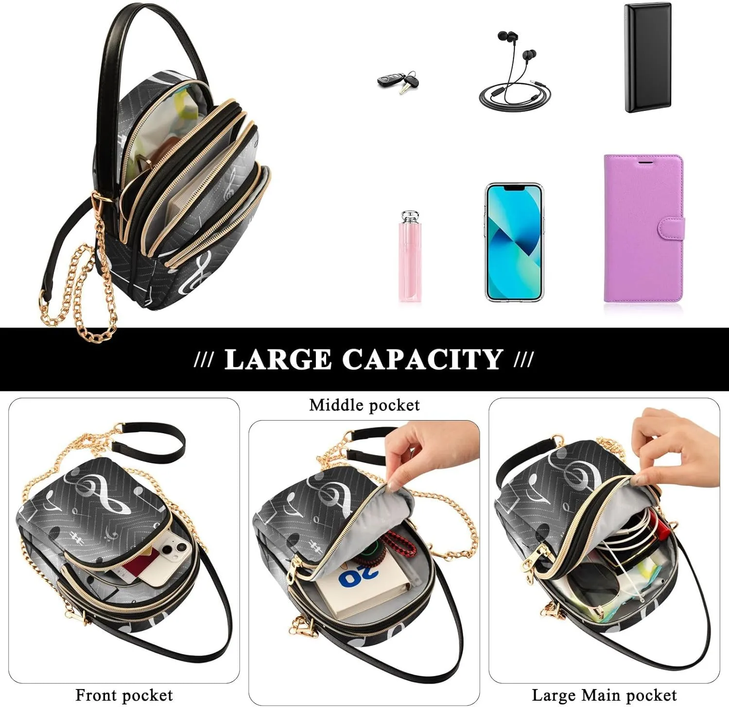 Women's Wave Cross Body Chest Bag, 52 inch Gold Chain Shoulder Handbag Purse