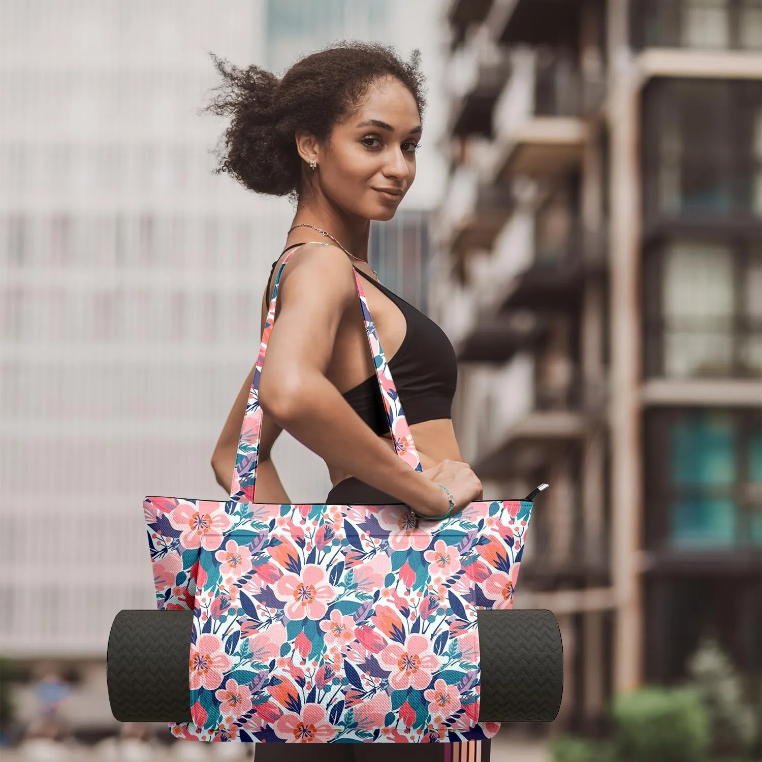 Women's Yoga Bag with Yoga Mat Carrier - Large Mat Pocket Fitness Tote for Pilates, Gym, Travel, Office & Beach