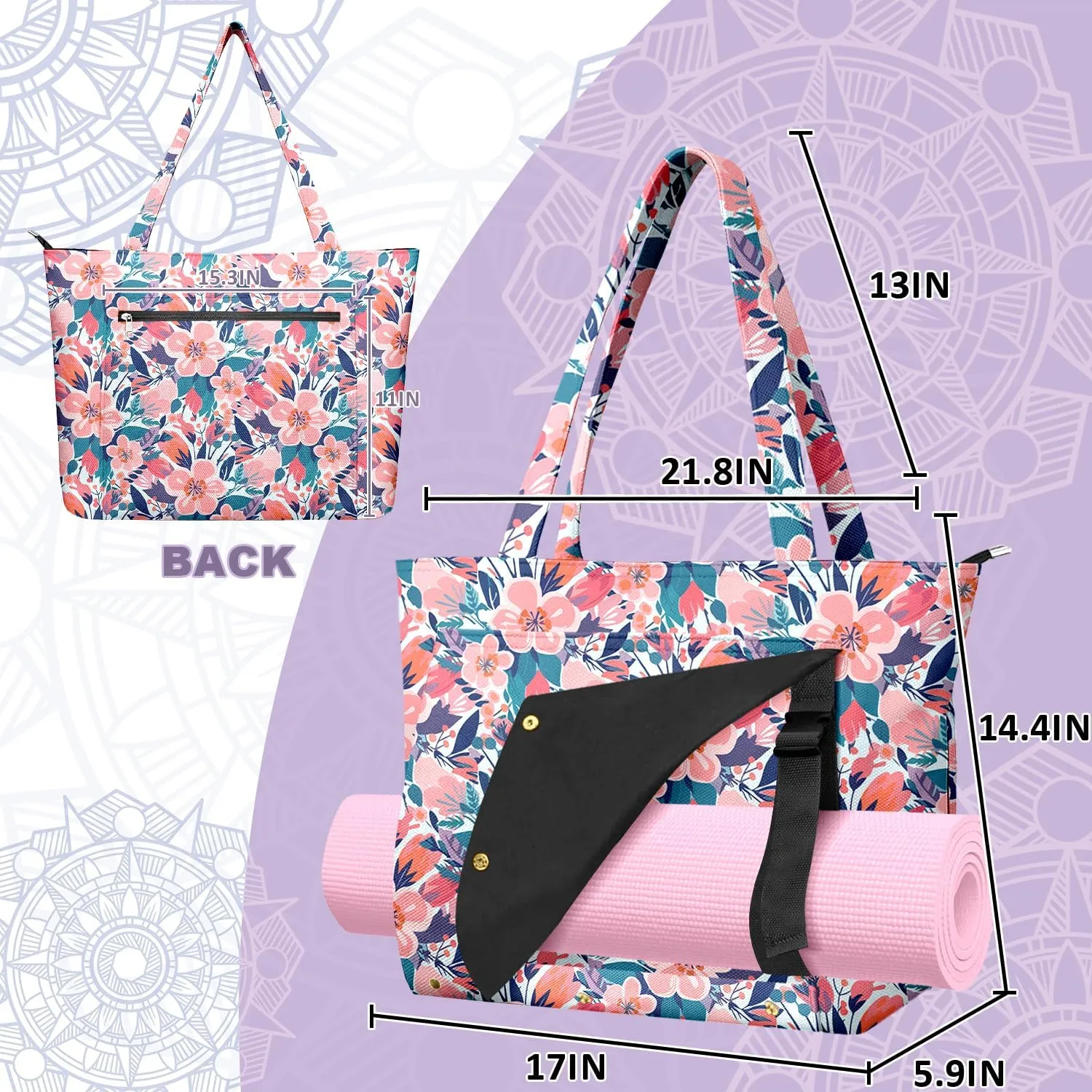 Women's Yoga Bag with Yoga Mat Carrier - Large Mat Pocket Fitness Tote for Pilates, Gym, Travel, Office & Beach
