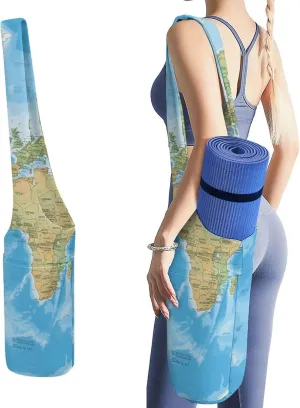 World Map Yoga Mat Bag, Durable Canvas Yoga Mat Storage Bag with Water Bottle Pocket And Bottom Wet Bag, Fits Most Size Yoga Mats