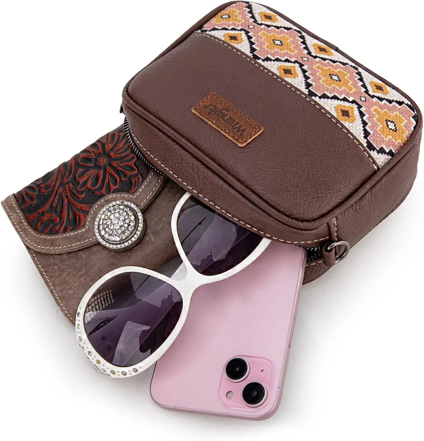 Wrangler Crossbody Bag for Women Aztec Mini Crossover Purse with Guitar Strap