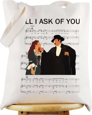 WZMPA Musical Tote Bag Christine & Raoul Fans Gift All I Ask Of You Reusable Grocery Bag Theater Drama Merchandise