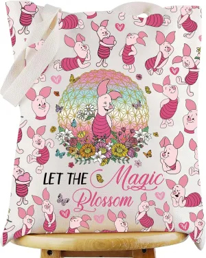 WZMPA Pig Tote Bag Pig Lover Gift Let The Magic Blossom Cartoon Reusable Grocery Bag Movie Merchandise