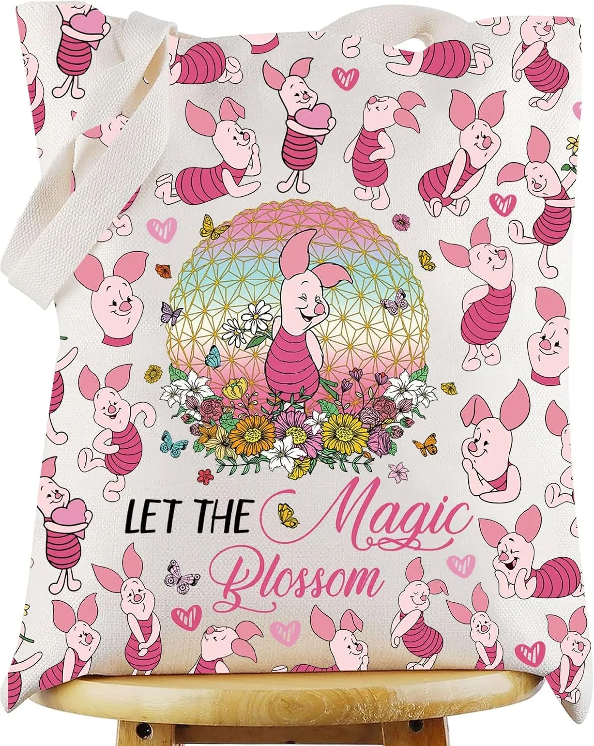 WZMPA Pig Tote Bag Pig Lover Gift Let The Magic Blossom Cartoon Reusable Grocery Bag Movie Merchandise