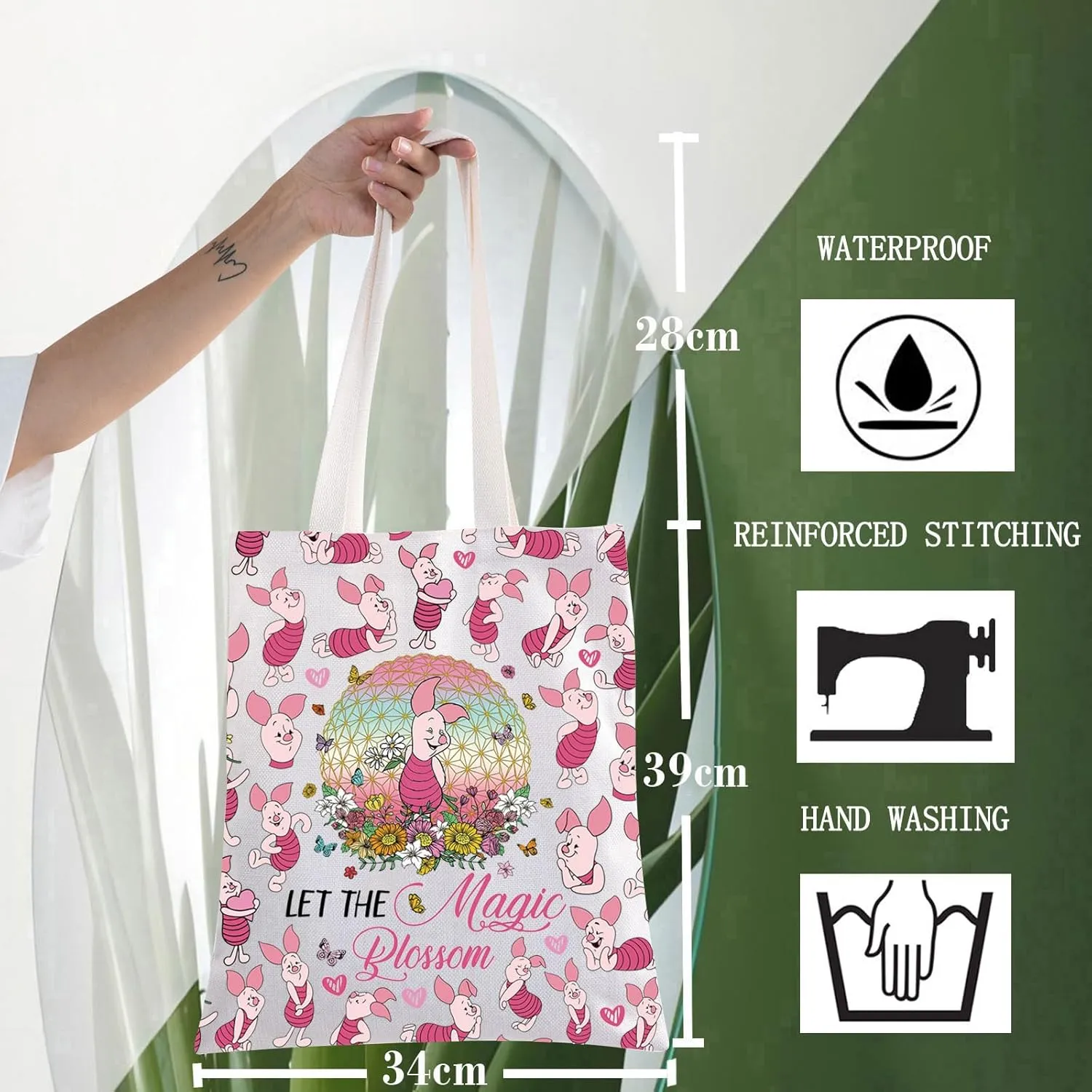 WZMPA Pig Tote Bag Pig Lover Gift Let The Magic Blossom Cartoon Reusable Grocery Bag Movie Merchandise