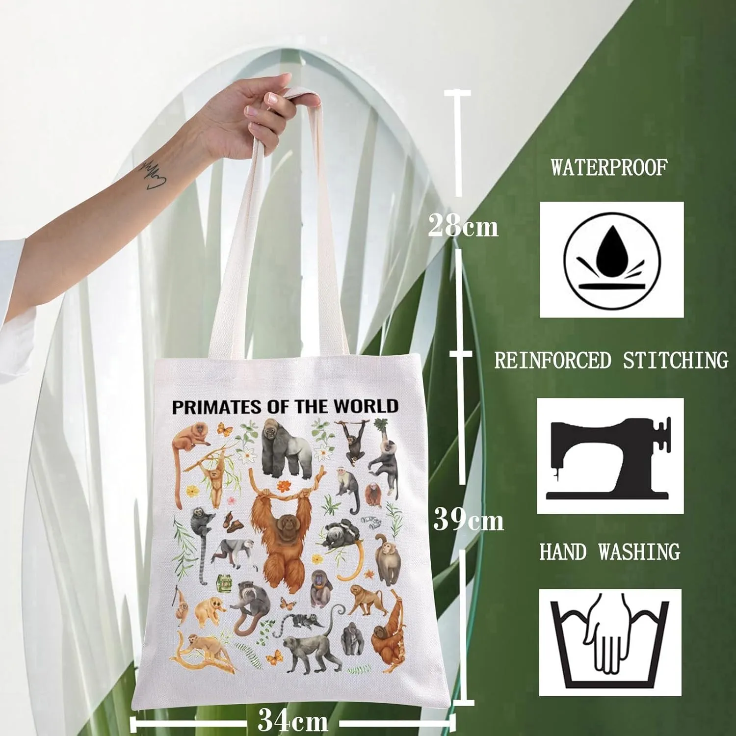 WZMPA Primates Tote Bag Monkeys Lover Gift Primates Of The World Reusable Grocery Bag Lesser Apes Merchandise