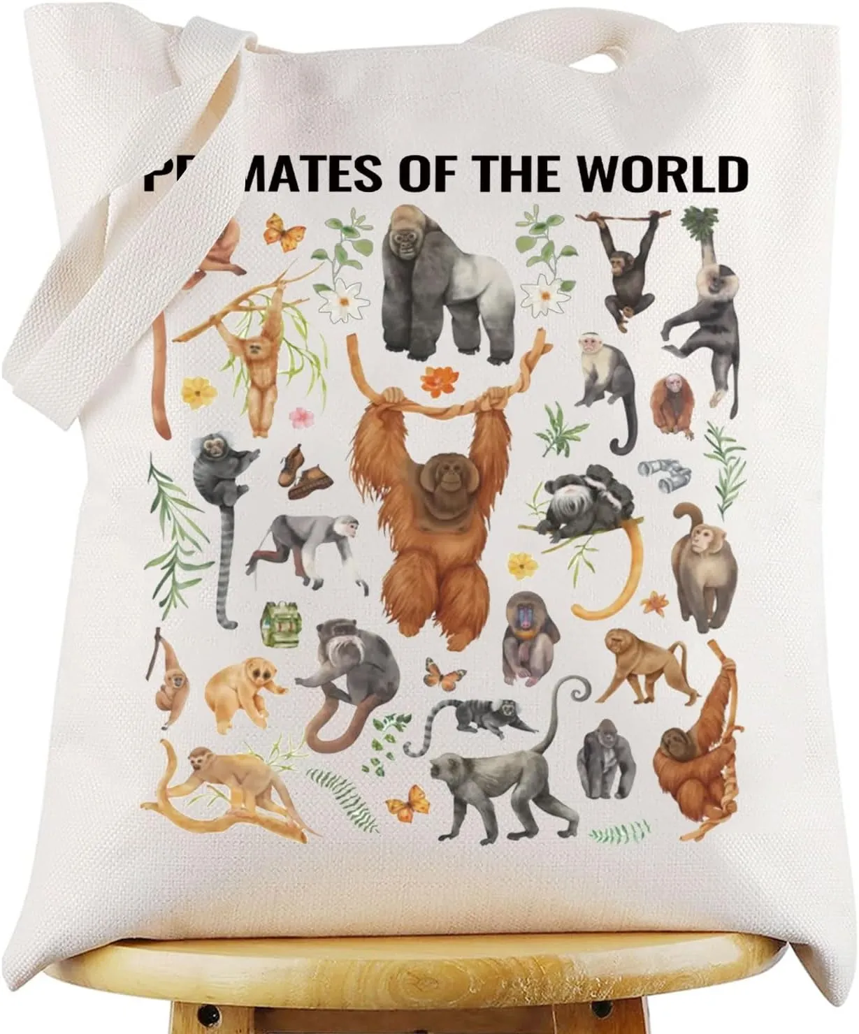WZMPA Primates Tote Bag Monkeys Lover Gift Primates Of The World Reusable Grocery Bag Lesser Apes Merchandise