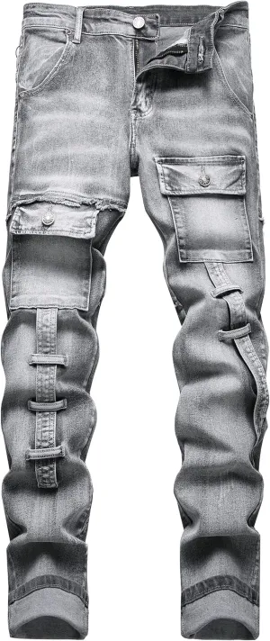 XIMXIMMTIAN Men's Biker Moto Washed Distressed Slim Fit Straight Jeans Denim…