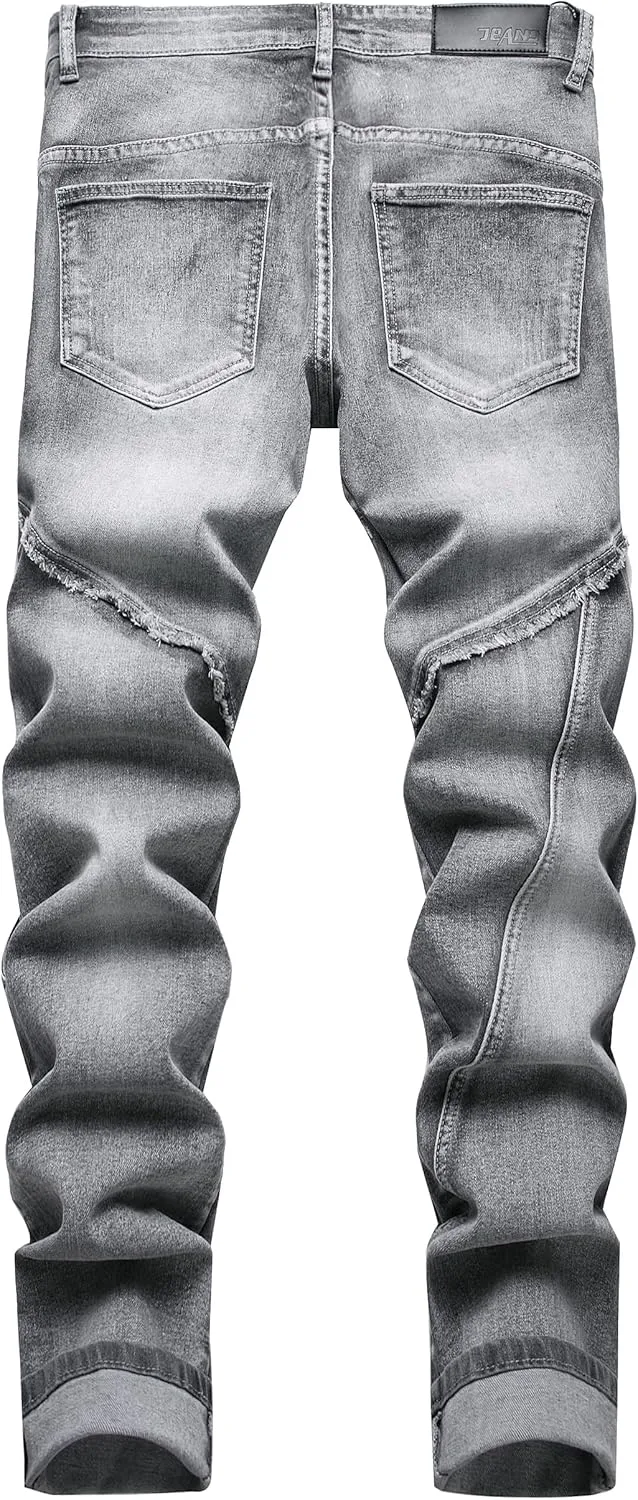 XIMXIMMTIAN Men's Biker Moto Washed Distressed Slim Fit Straight Jeans Denim…