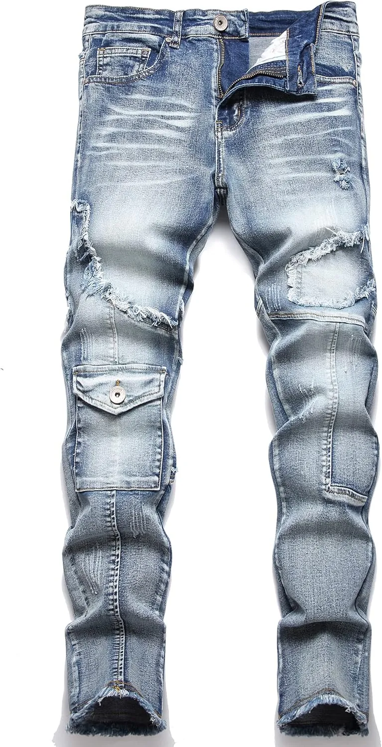 XIMXIMMTIAN Men's Biker Moto Washed Distressed Slim Fit Straight Jeans Denim…